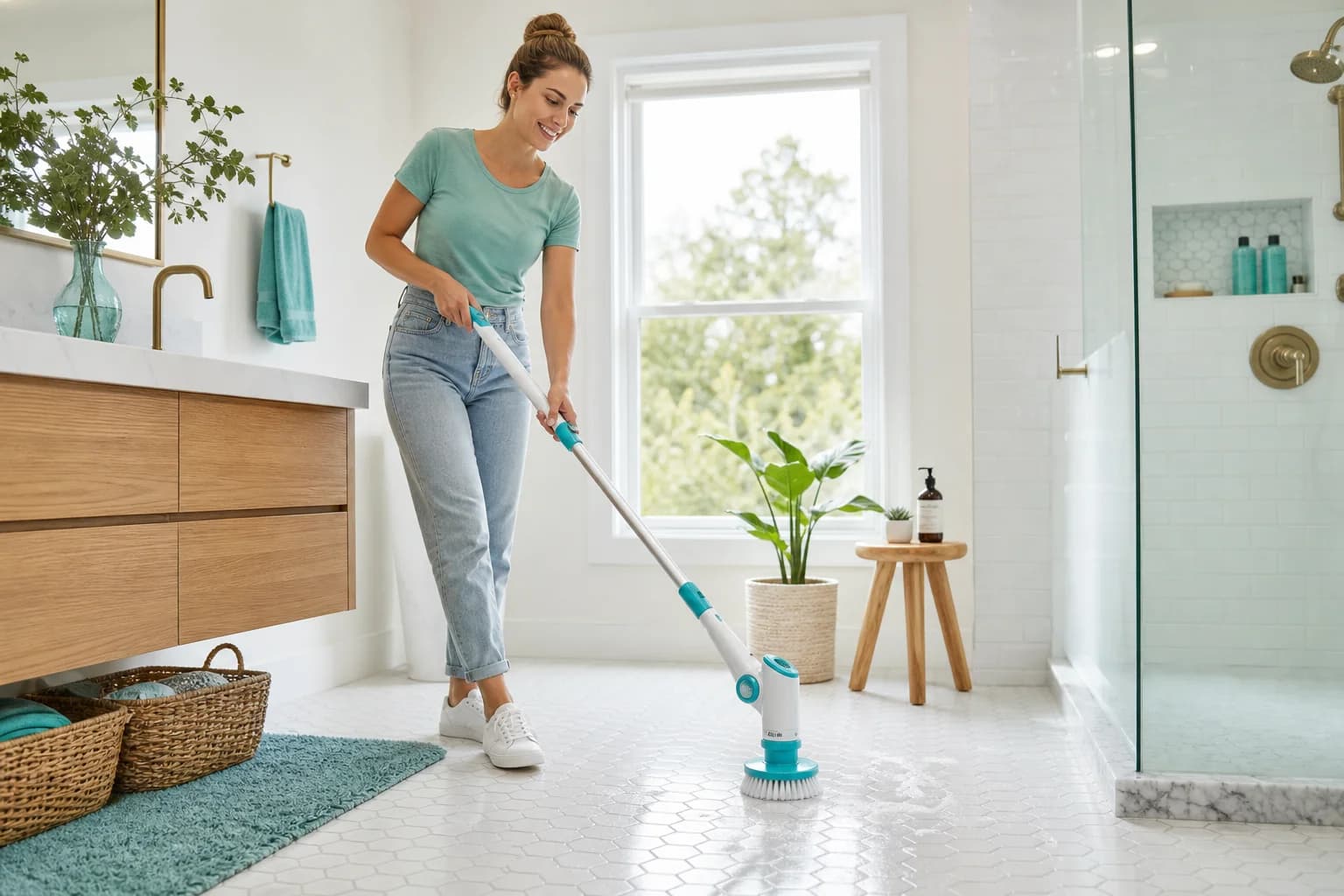 Person using electric spin scrubber to clean bathroom tiles